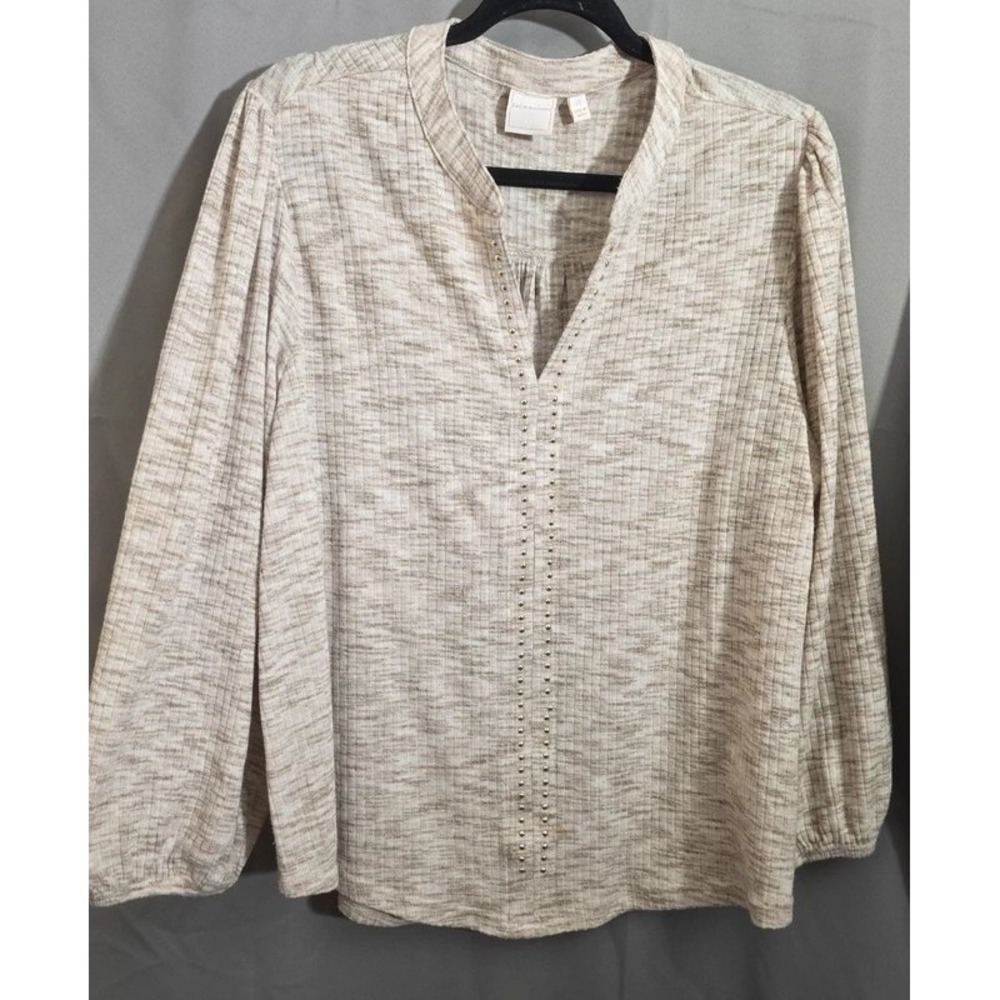 Zac & Rachel Womens 1X Beige Marl Ribbed Knit Studded V-Neck Blouse Top
